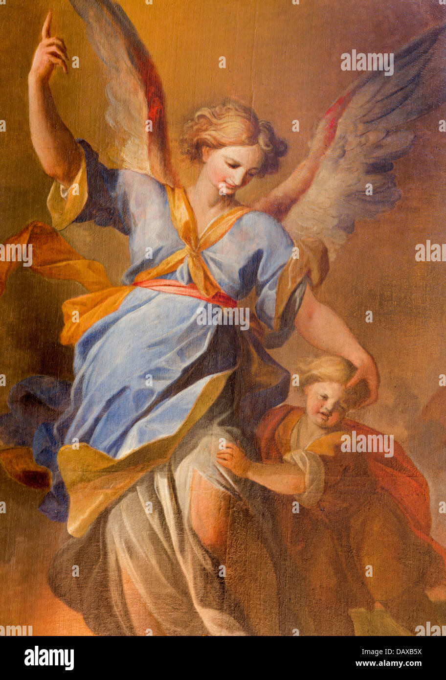 VIENNA - JULY 3: Guardian angel with the child paint from side altar in baroque Jesuits church from 18. cent. Stock Photo
