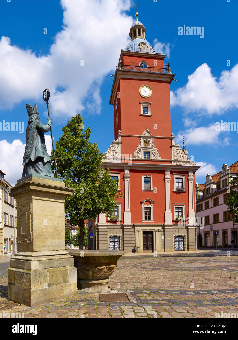 Town Hall with St. Gothardus fountain, Hauptmarkt, Gotha, Thuringia, Germany Stock Photo