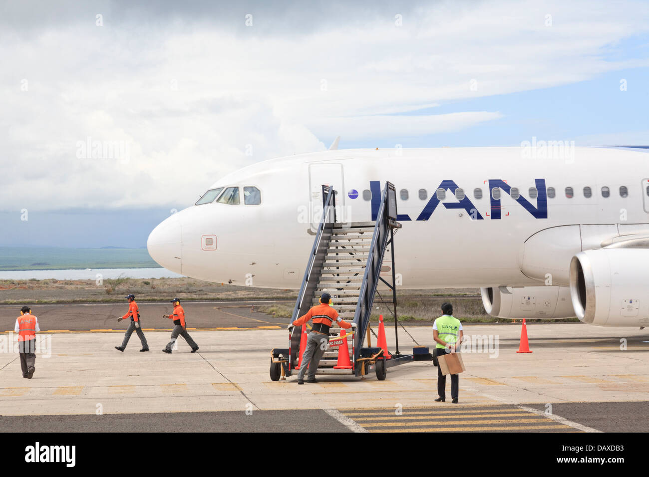 LAN Airplane, Baltra Airport, Baltra Island, Galapagos Islands, Ecuador Stock Photo