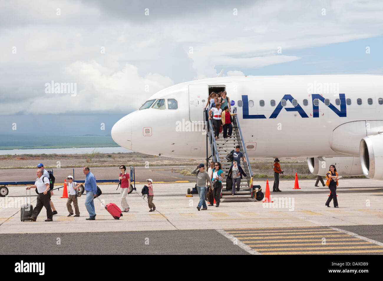 LAN Airplane, Baltra Airport, Baltra Island, Galapagos Islands, Ecuador Stock Photo