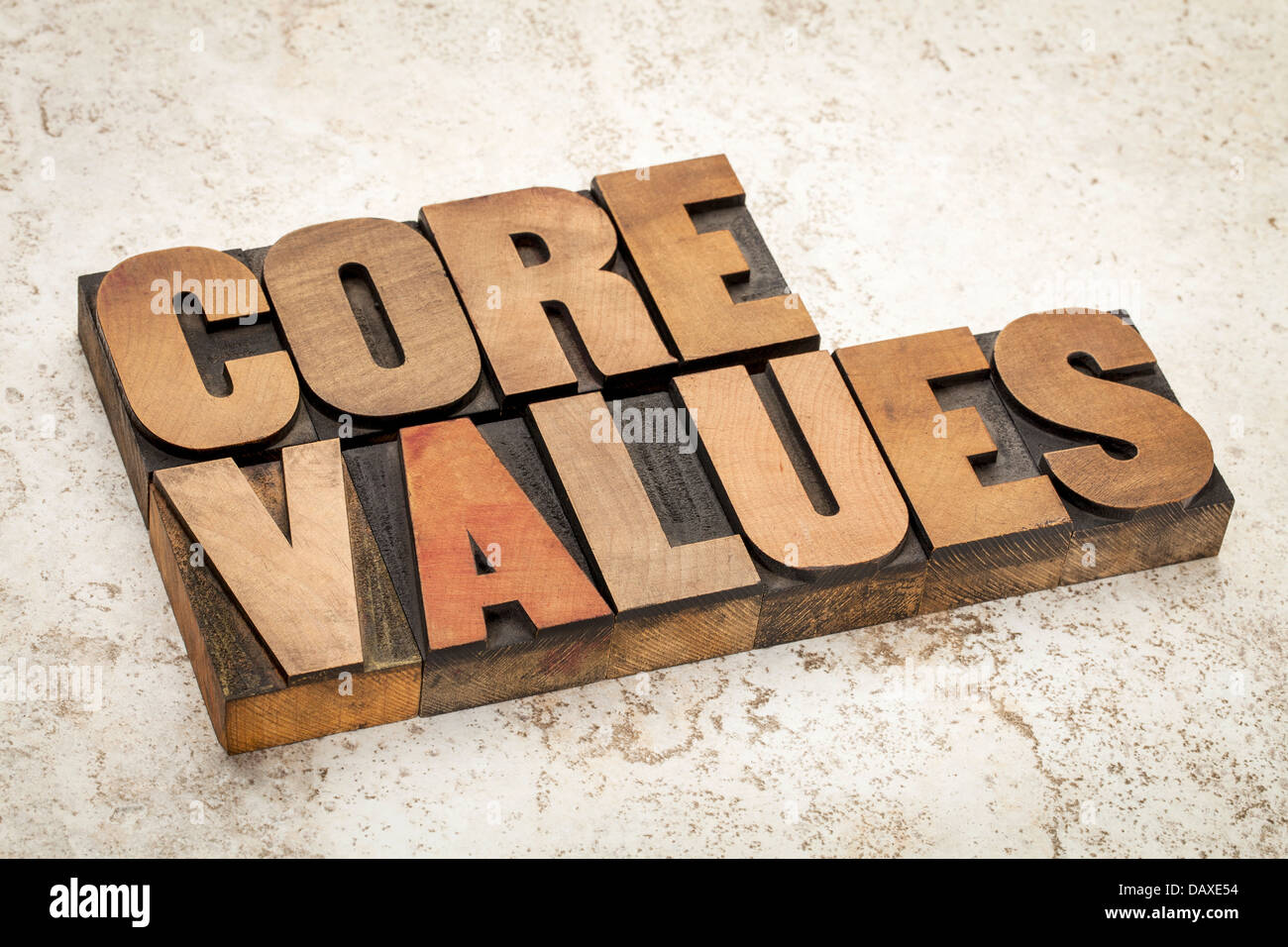 core values ethics concept text in vintage letterpress wood type on