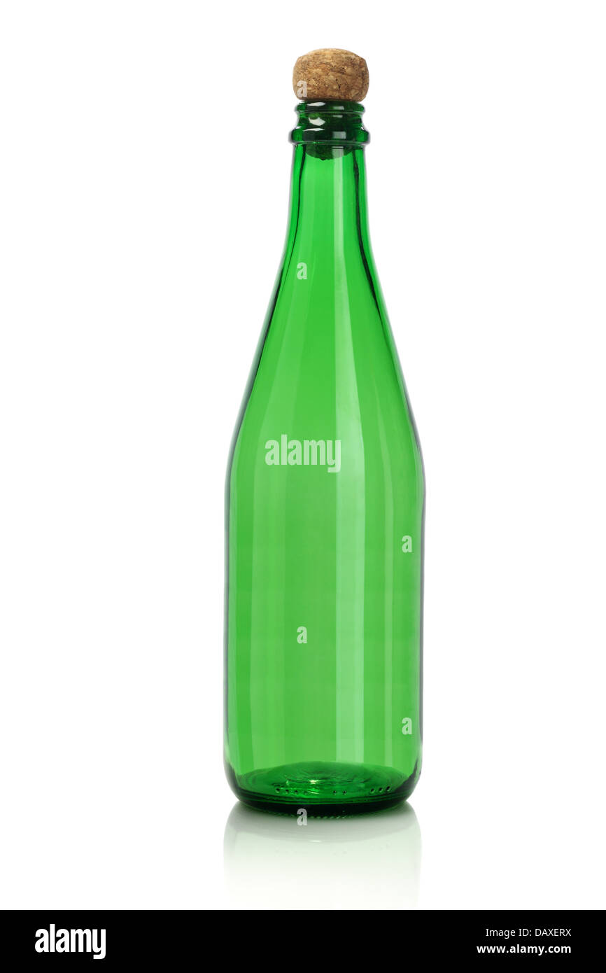 Green Empty Glass Bottle With Cork Stopper On White Background Stock Photo