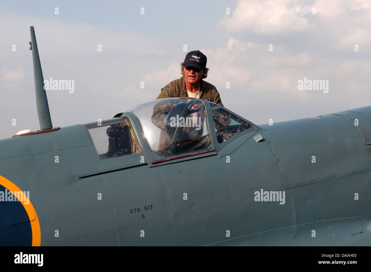 Pilot Peter Teichman with Spitfire Mk XI aircraft Stock Photo