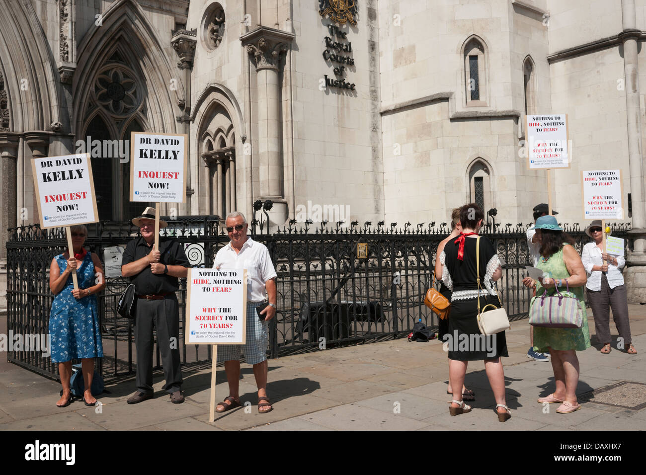 Group of supporters rally for justice for Dr David Kelly on tenth anniversary of his death outside Royal Courts of Justice, UK Stock Photo
