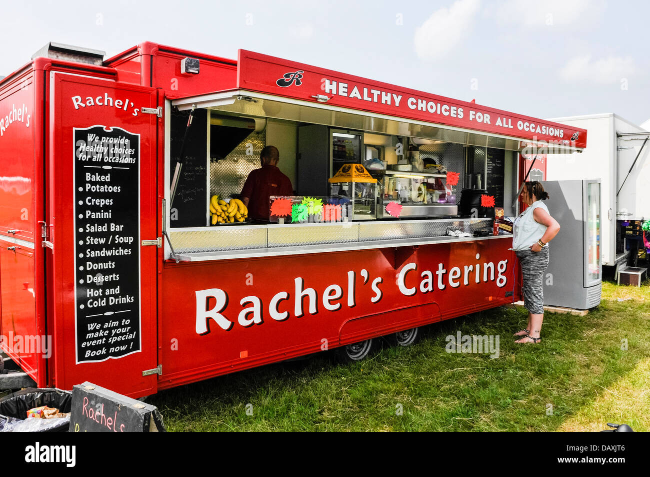 Healthy mobile catering van serving fruit, baked potatoes, salads etc. Stock Photo