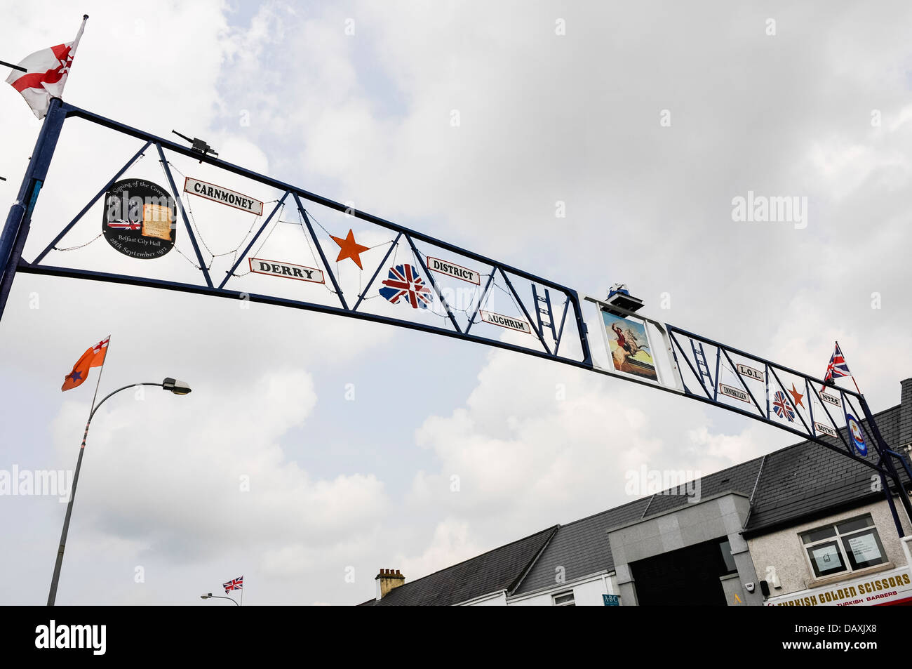 An Orange Order arch which is erected each July in Glengormley, County Antrim. Stock Photo
