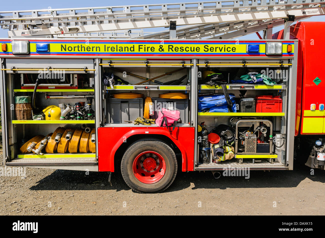 Equipment on a Northern Ireland Fire and Rescue Service vehicle. Stock Photo