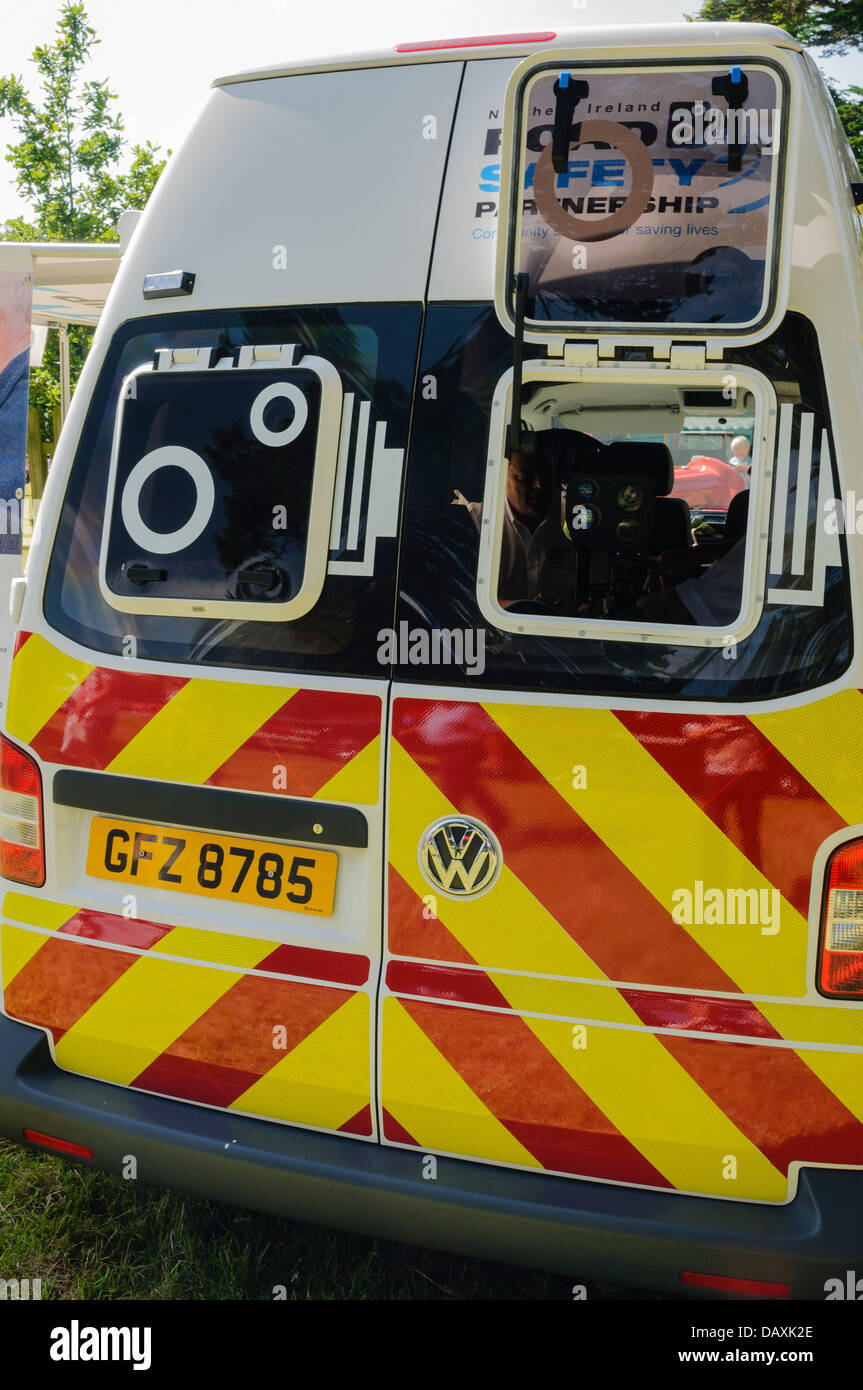 Camera looks out of the rear of a Police speed detection van Stock Photo