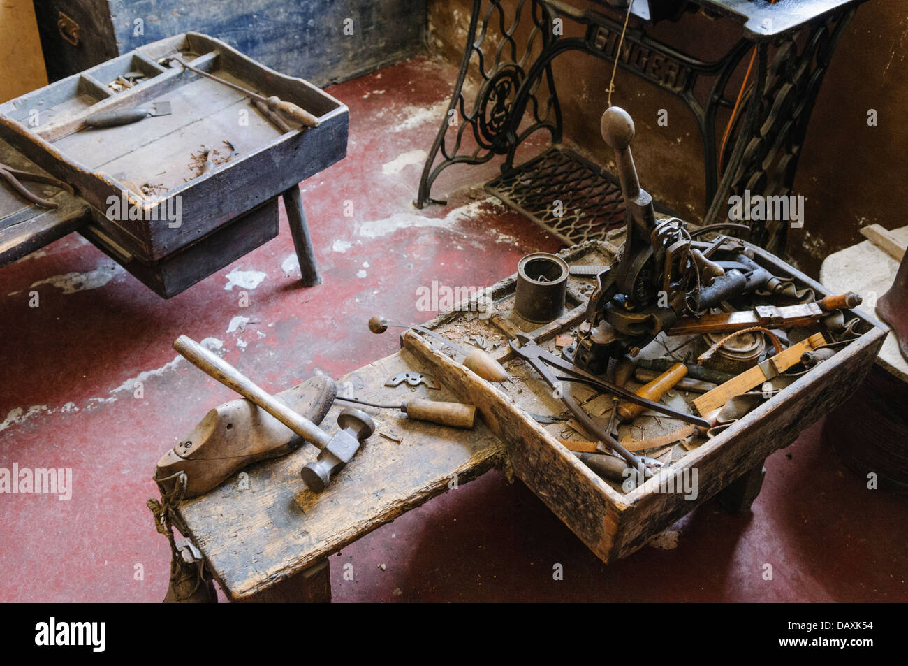 Tray of tools in an old fashioned shoemakers Stock Photo