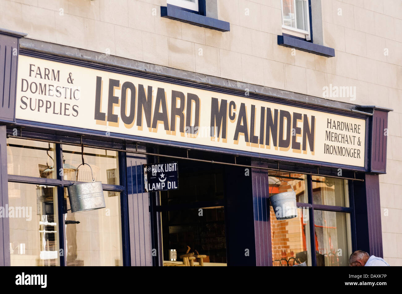 Old fashioned farm and domestic supplies shop owned by Leonard McAlinden, commonly found in Victorian Ireland Stock Photo