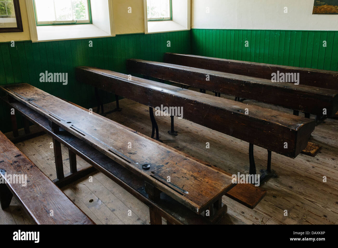 Benches in an old fashioned schoolroom Stock Photo