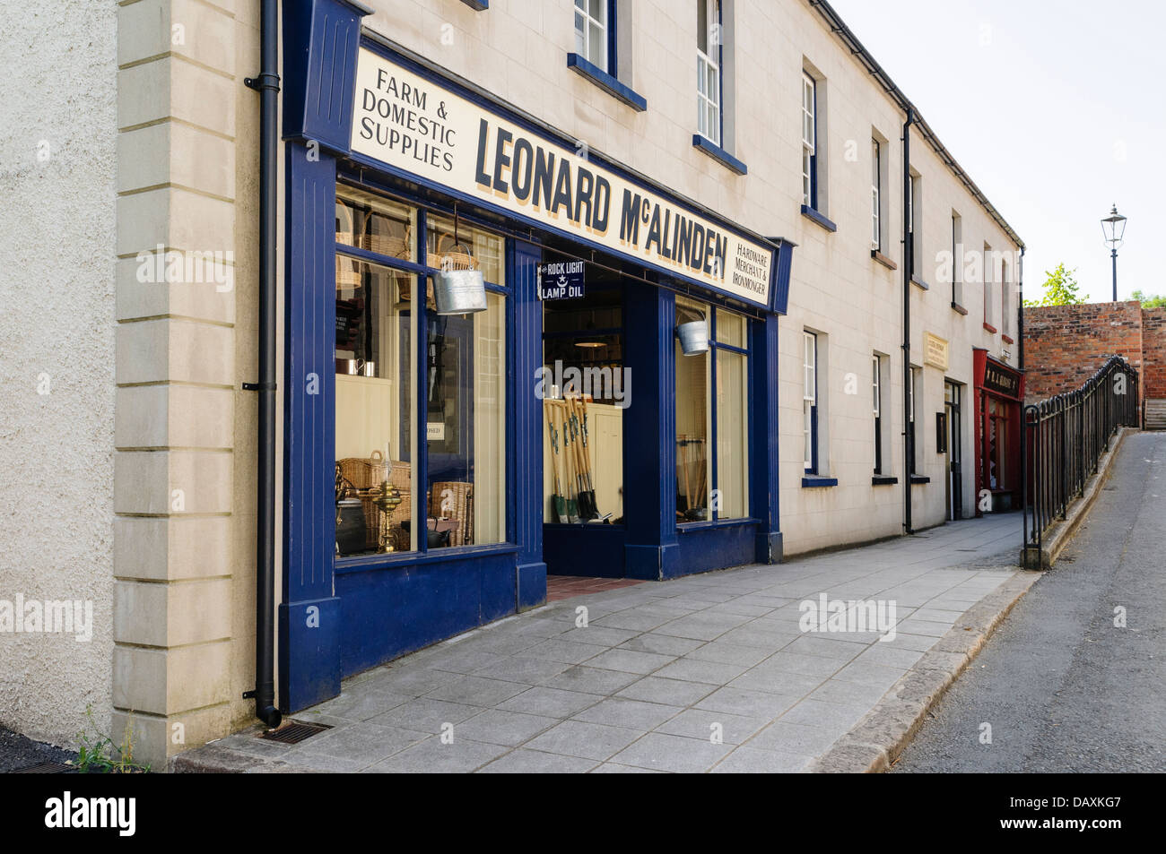 Old fashioned farm and domestic supplies shop owned by Leonard McAlinden, commonly found in Victorian Ireland Stock Photo