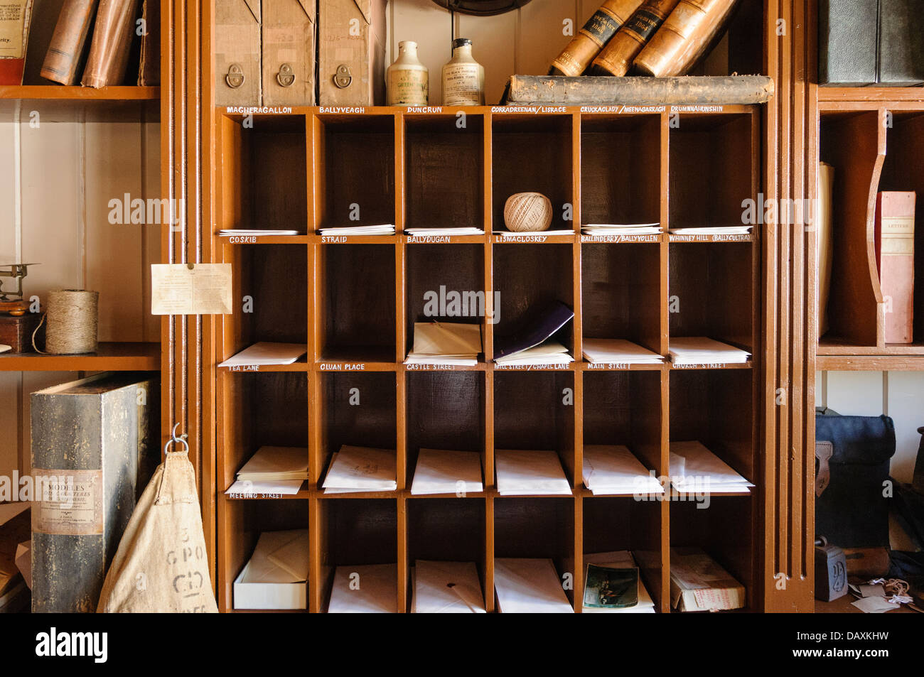 Pigeon holes inside an old post office Stock Photo