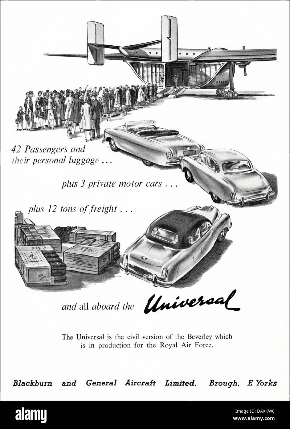 Advert for Universal Beverley aircraft by Blackburn and General Aircraft Limited Brough East Yorkshire England UK suppliers to the aircraft industry advertisement in trade magazine circa 1955 Stock Photo