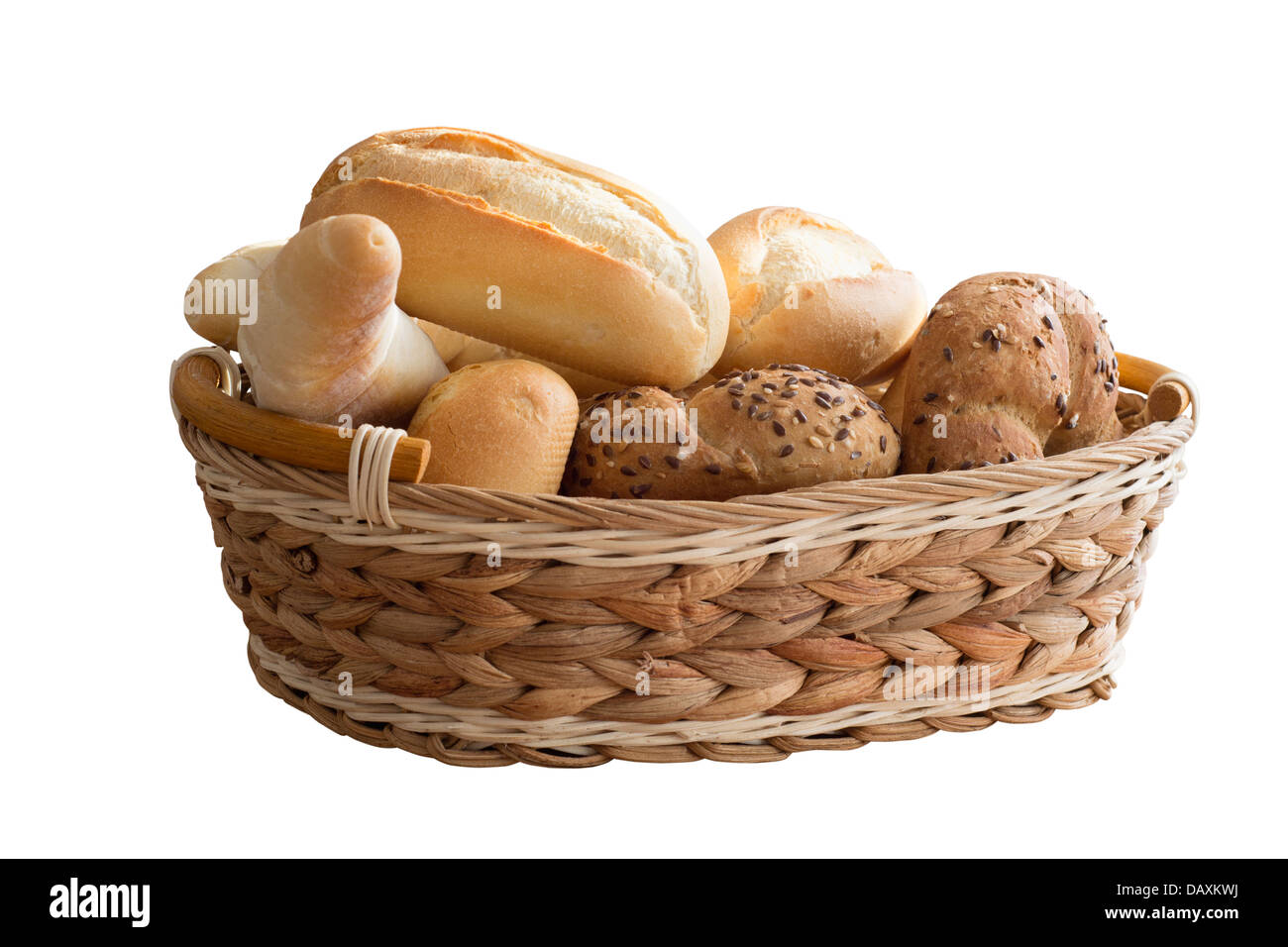 Fresh bread rolls in a basket isolated on white background Stock Photo