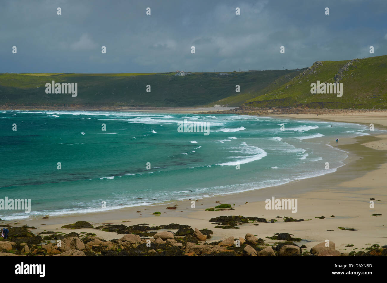 View across the beautiful surfing bay of Sennen Cove - Cornwall, England, UK Stock Photo