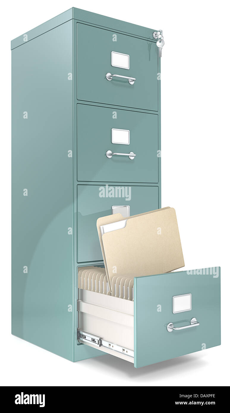 Classic file cabinet with lock. One open drawer. Copy Space. Stock Photo