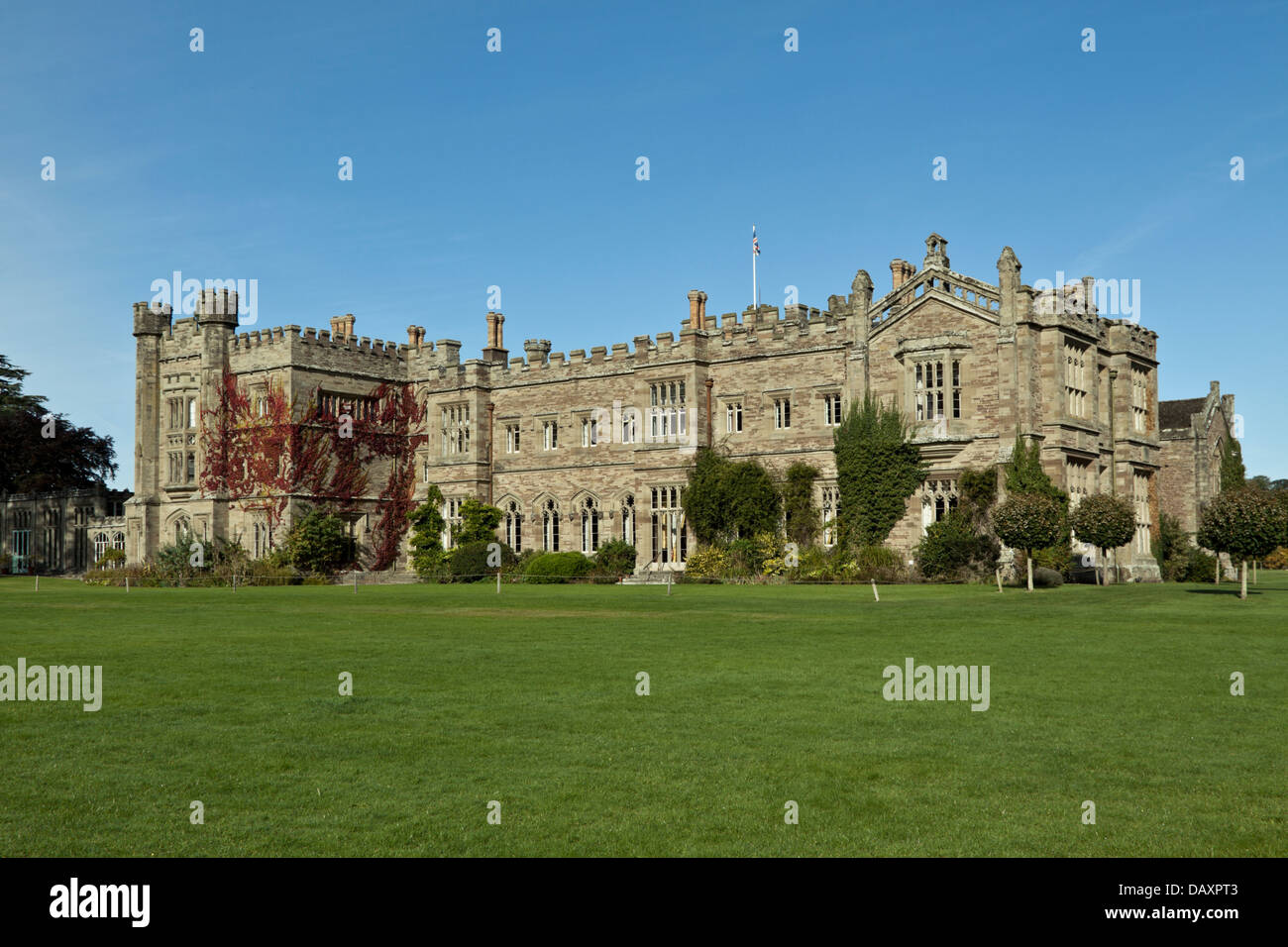 View from the gardens towards Hampton Court Castle, a castellated country house, Herefordshire, Great Britain. Stock Photo