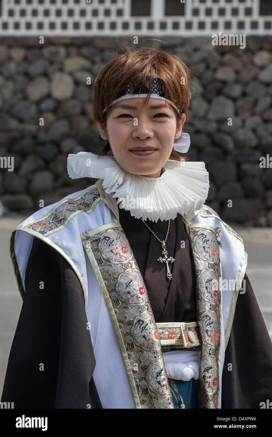 Girl in period Samurai Costume at Shimabara Castle, Japan Stock Photo