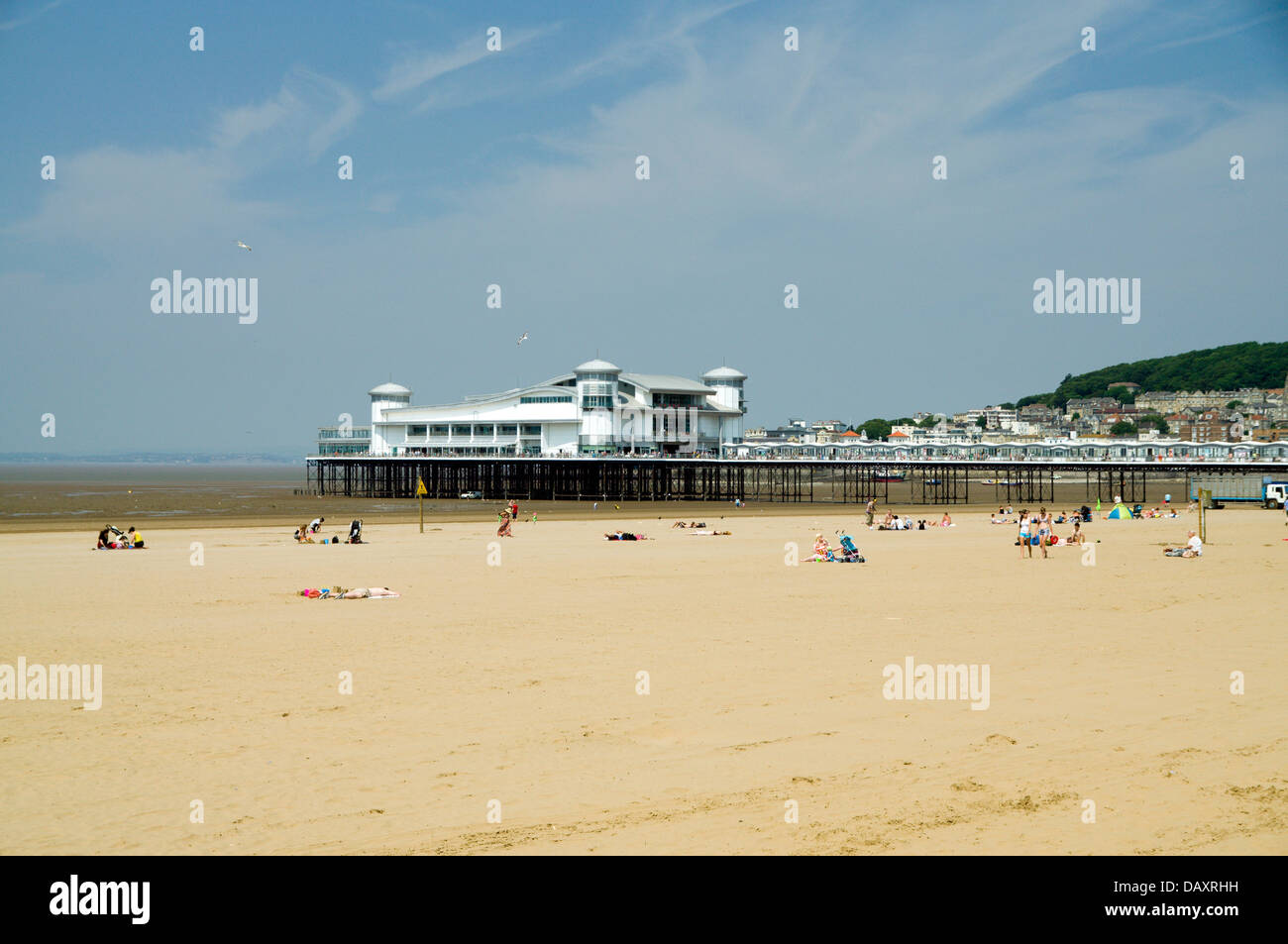 The Grand Pier and beach, Weston-Super-Mare, Somerset, England. Stock Photo