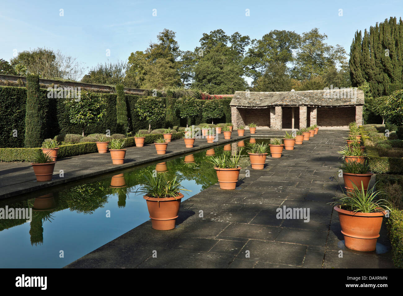 Reflections in The Dutch Garden- at Hampton Court Van Kampen Gardens, Hope-under-Dinmore,  Great Britain Stock Photo