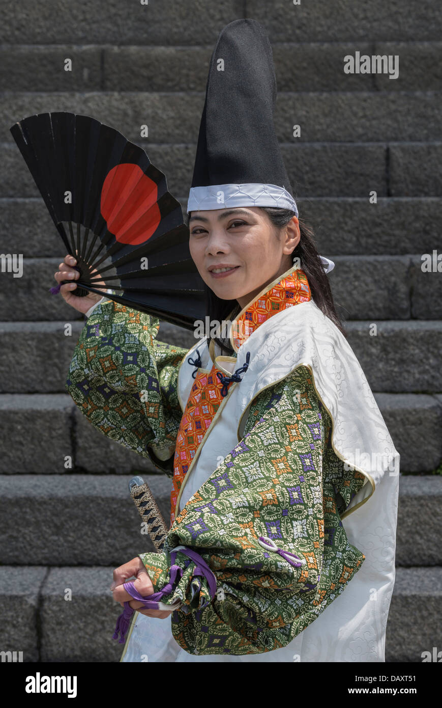 Girl in period Samurai Costume at Shimabara Castle, Japan Stock Photo