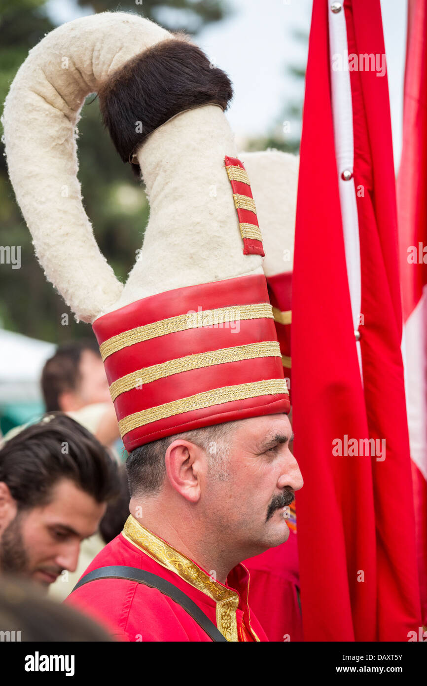 Member of the Turkish military fanfare 'Mehter' wears traditional Janissary costume during the Turkish Festival in Bucharest. Stock Photo