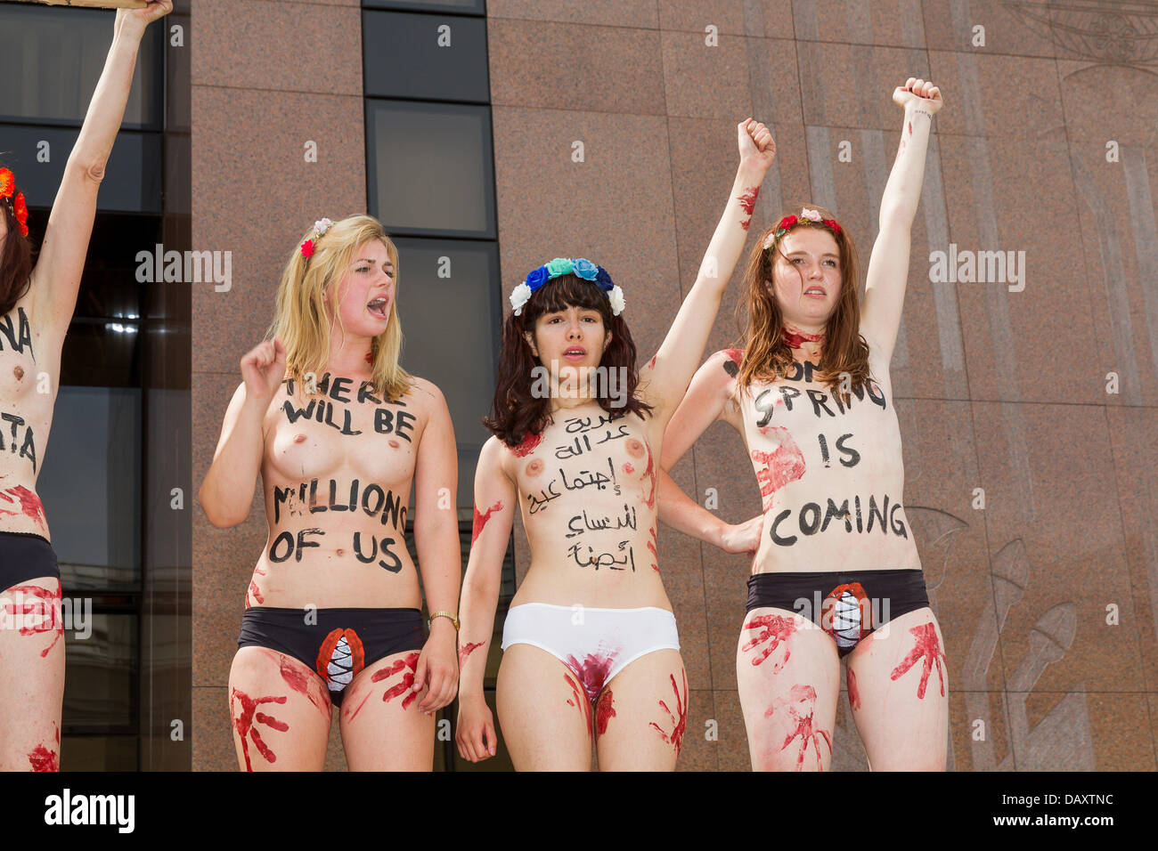 Berlin, Germany. 19th July, 2013. Femen Activists demonstrate at the  Embassy of Egypt in Berlin against rape during the revolution in Egypt, the  demonstration took place on 19 July 2013. Credit: dpa