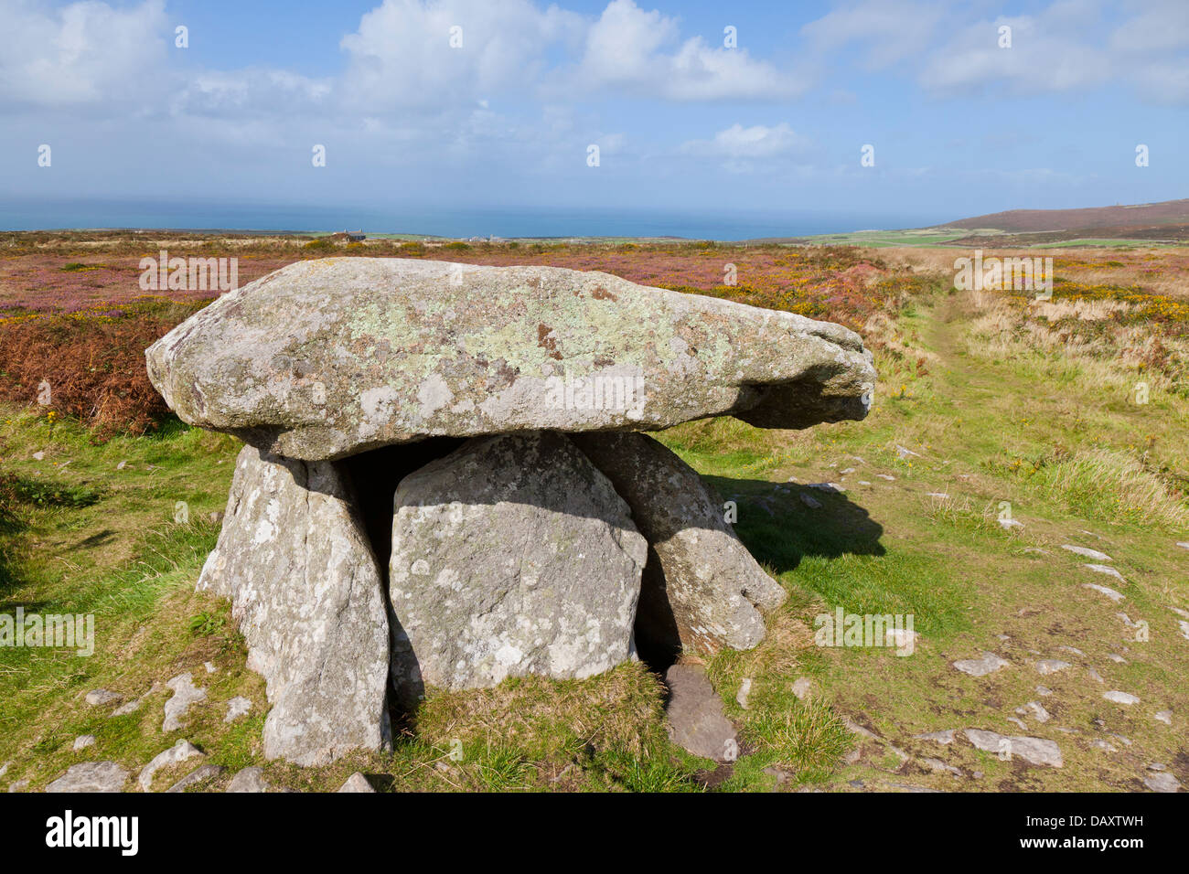 Chun Quoit chambered tomb near St Just in Cornwall. A megalithic structure which has stood on the moorland more than 4000 years. Stock Photo