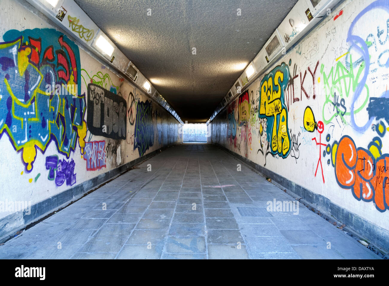 Empty underpass with lots of graffiti Stock Photo