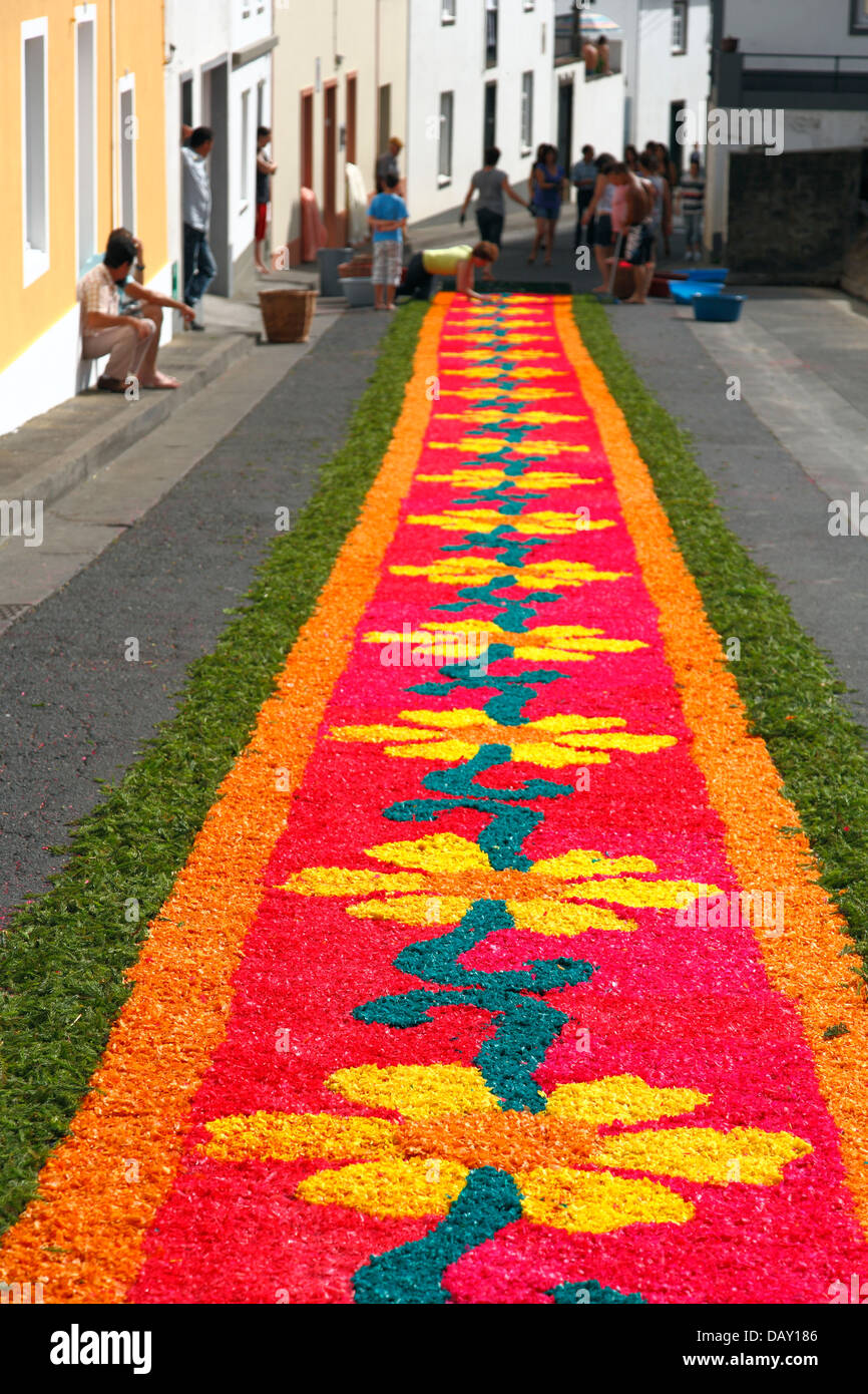 Local residents making flower carpets in the parish of Ponta Garça. Sao Miguel island, Azores, Portugal Stock Photo