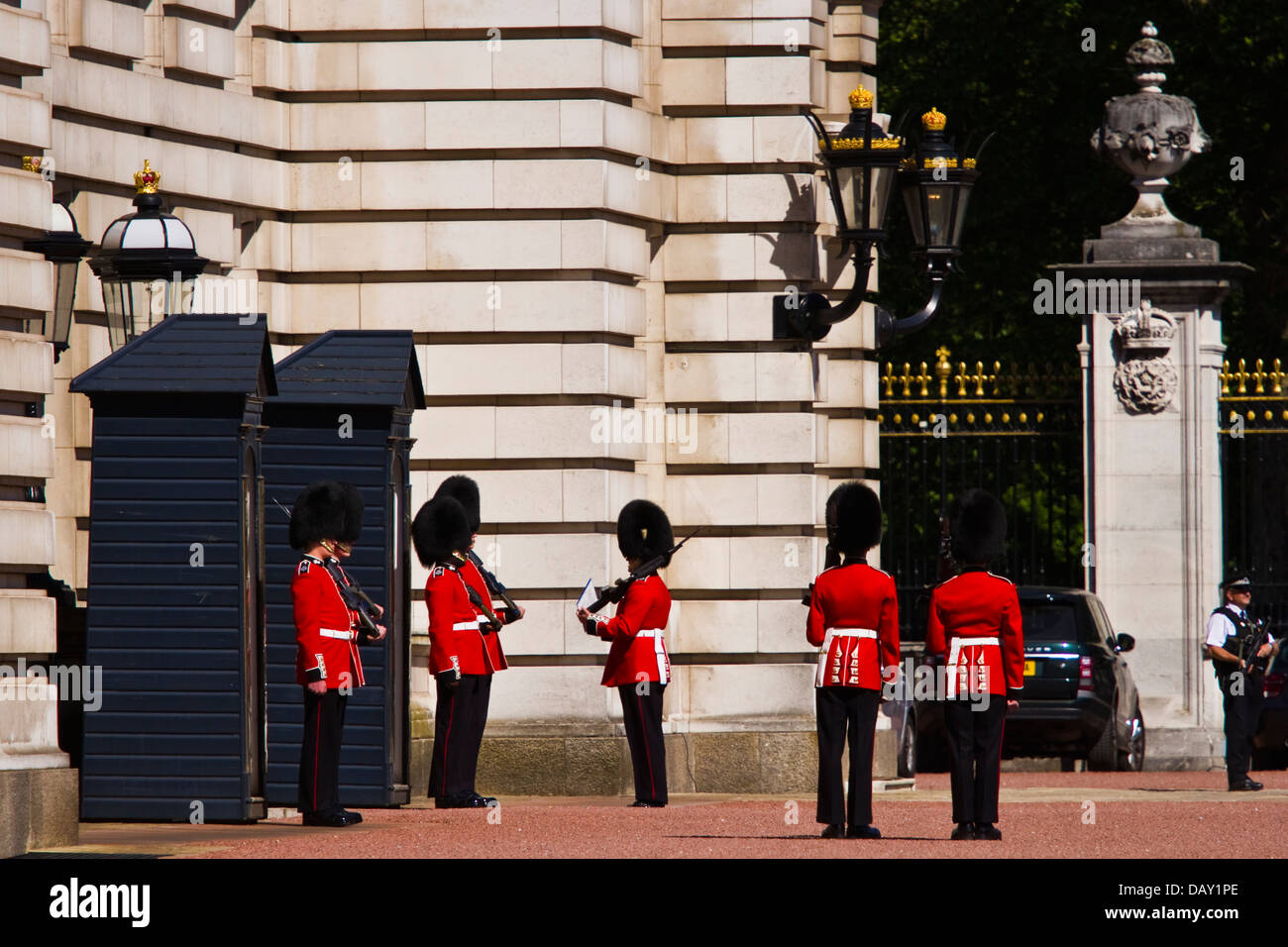 Changing of the guard ceremony held inside the grounds of Buckingham palace, London Stock Photo