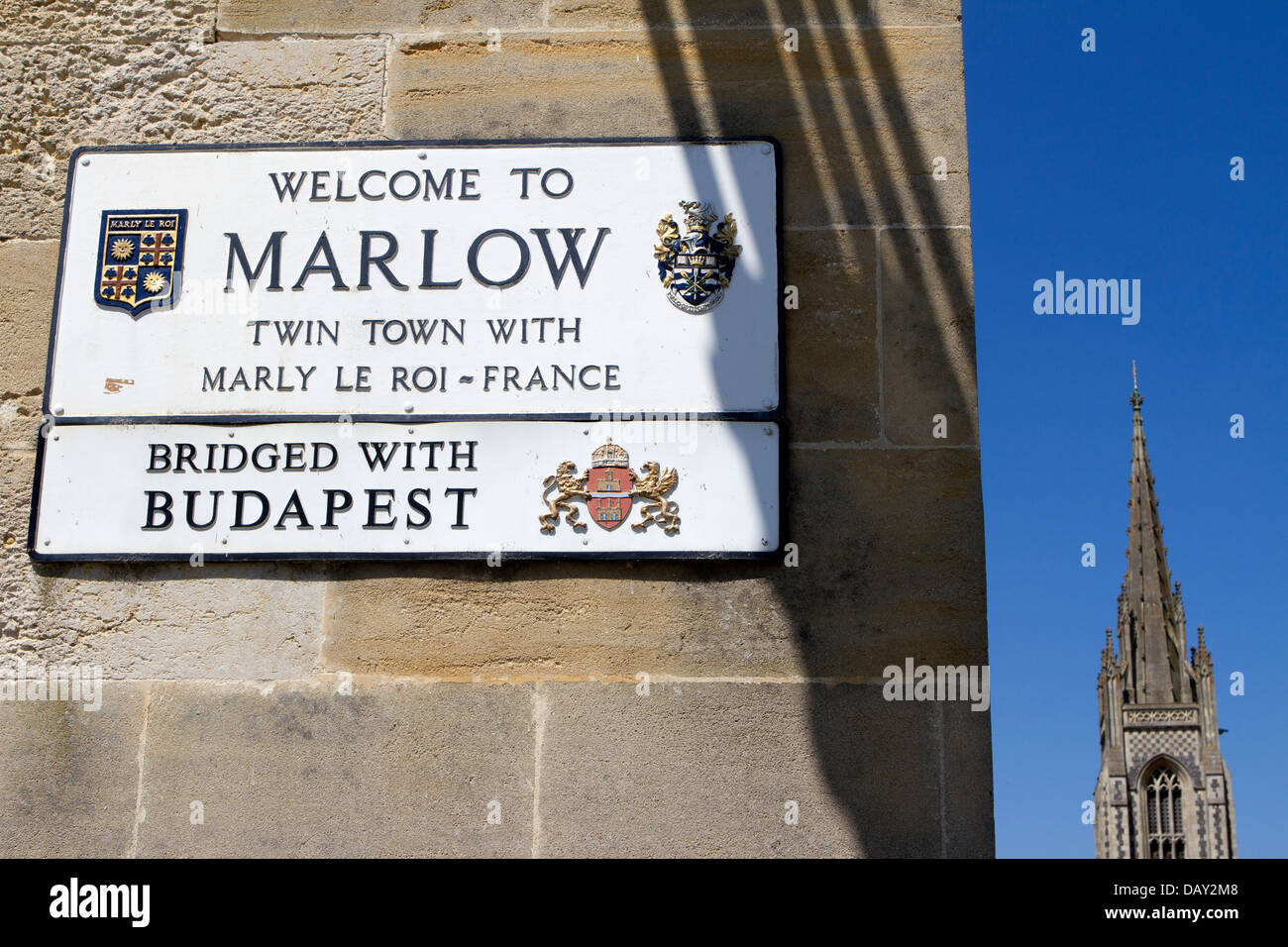 Sign on Marlow Bridge.  All Saint's Church is in the background. Stock Photo