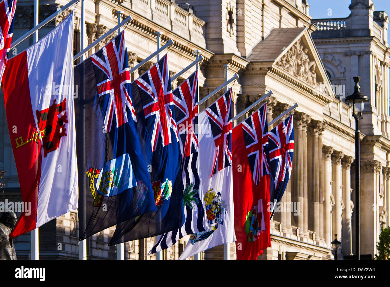British overseas territories flags flying in Parliament square, London Stock Photo