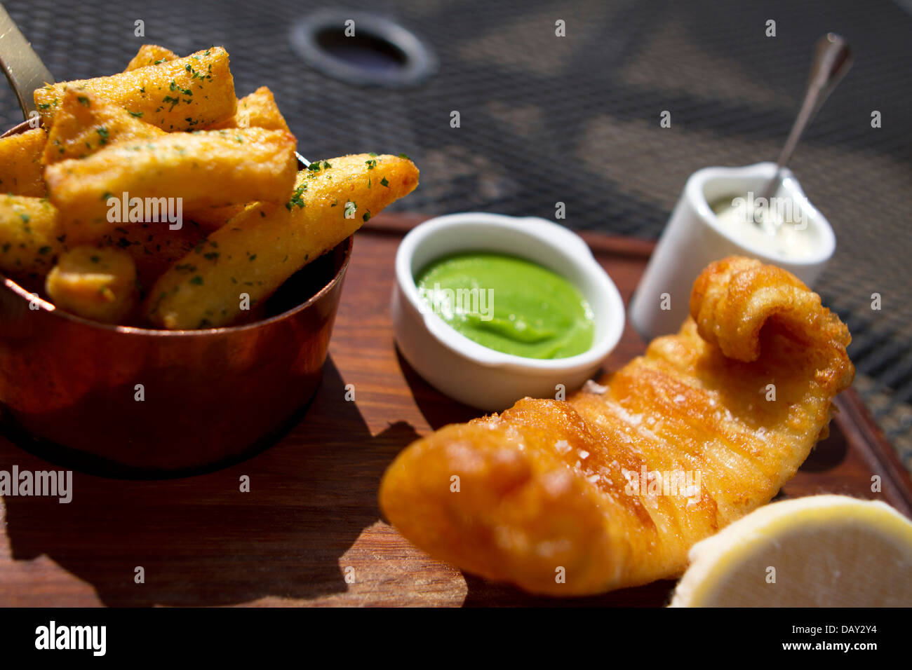 Fish and chips at The Hand & Flowers pub and restaurant, Marlow. Stock Photo