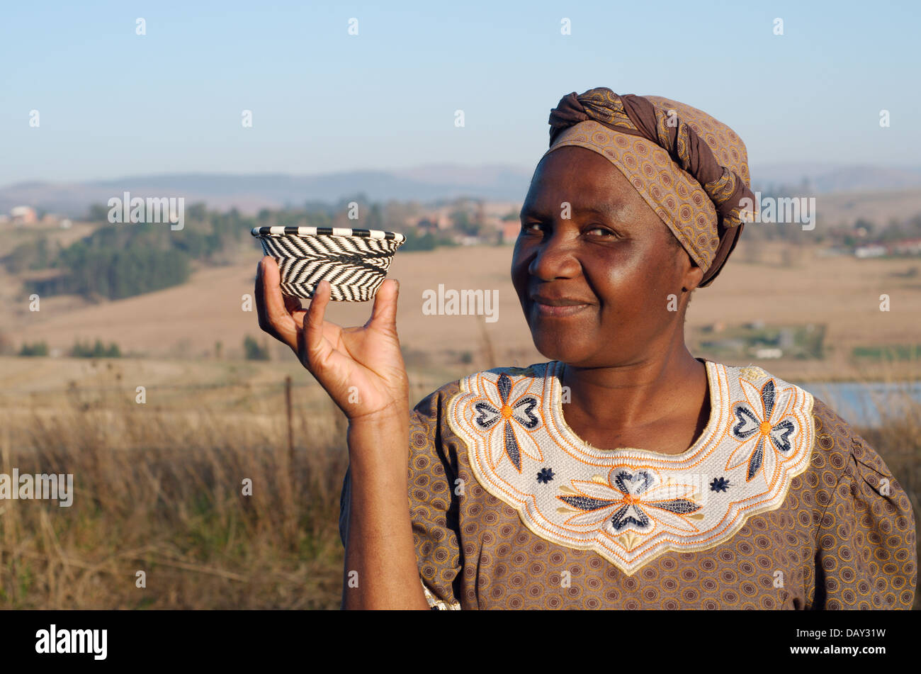 Traditional South African Zulu woman basket sales woman selling