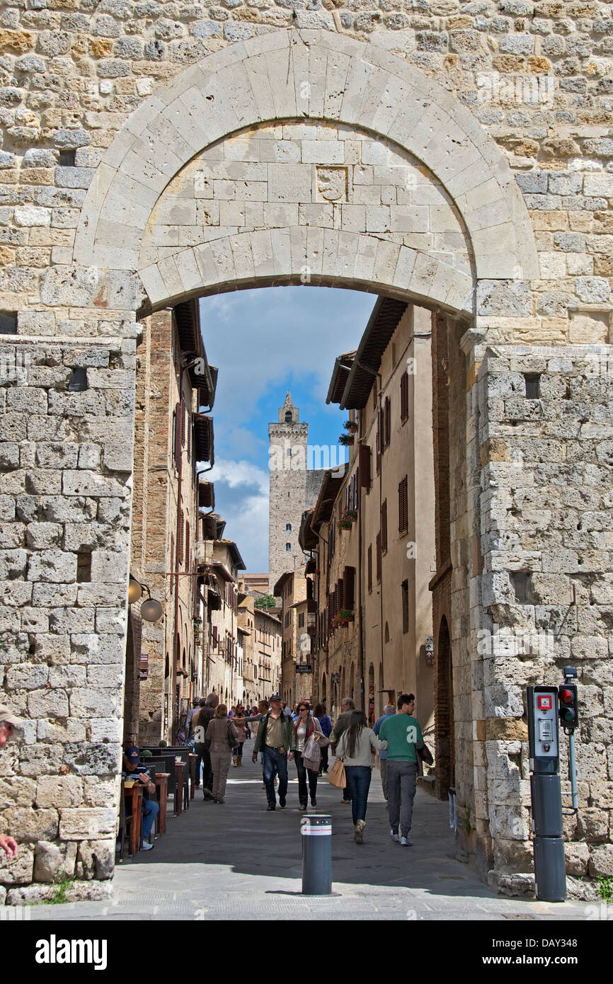 Porta San Giovanni and Via San Giovanni San Gimignano Tuscany Italy Stock Photo
