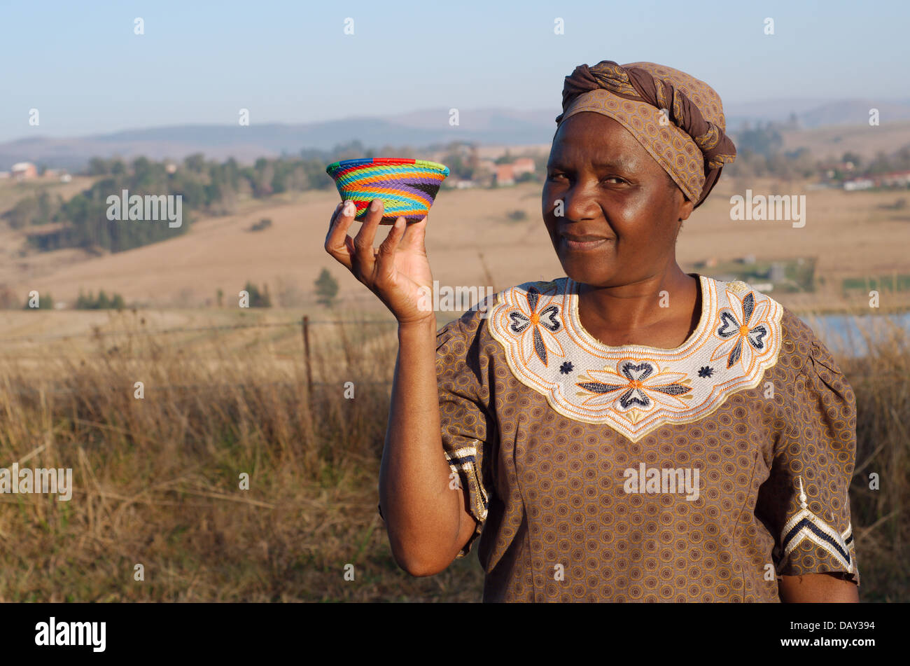 Traditional South African Zulu woman basket sales woman selling