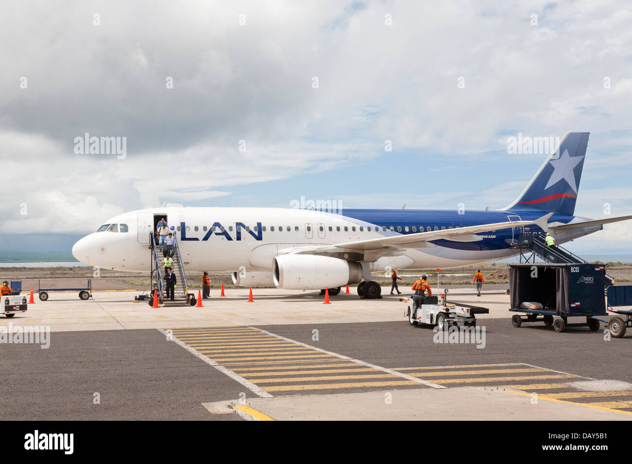 LAN Airplane, Baltra Airport, Baltra Island, Galapagos Islands, Ecuador Stock Photo