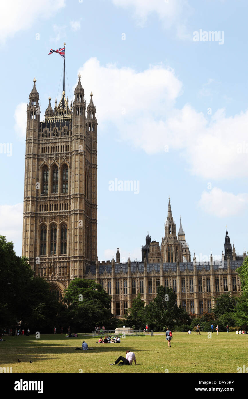 A Union Jack flag flies on Victoria Tower at the Palace of Westminster in London, England. Stock Photo