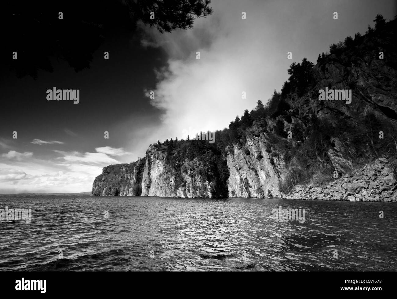 A black and white photo of the Mazinaw Rock at Bon Echo Provincial Park in Ontario, Canada. Stock Photo