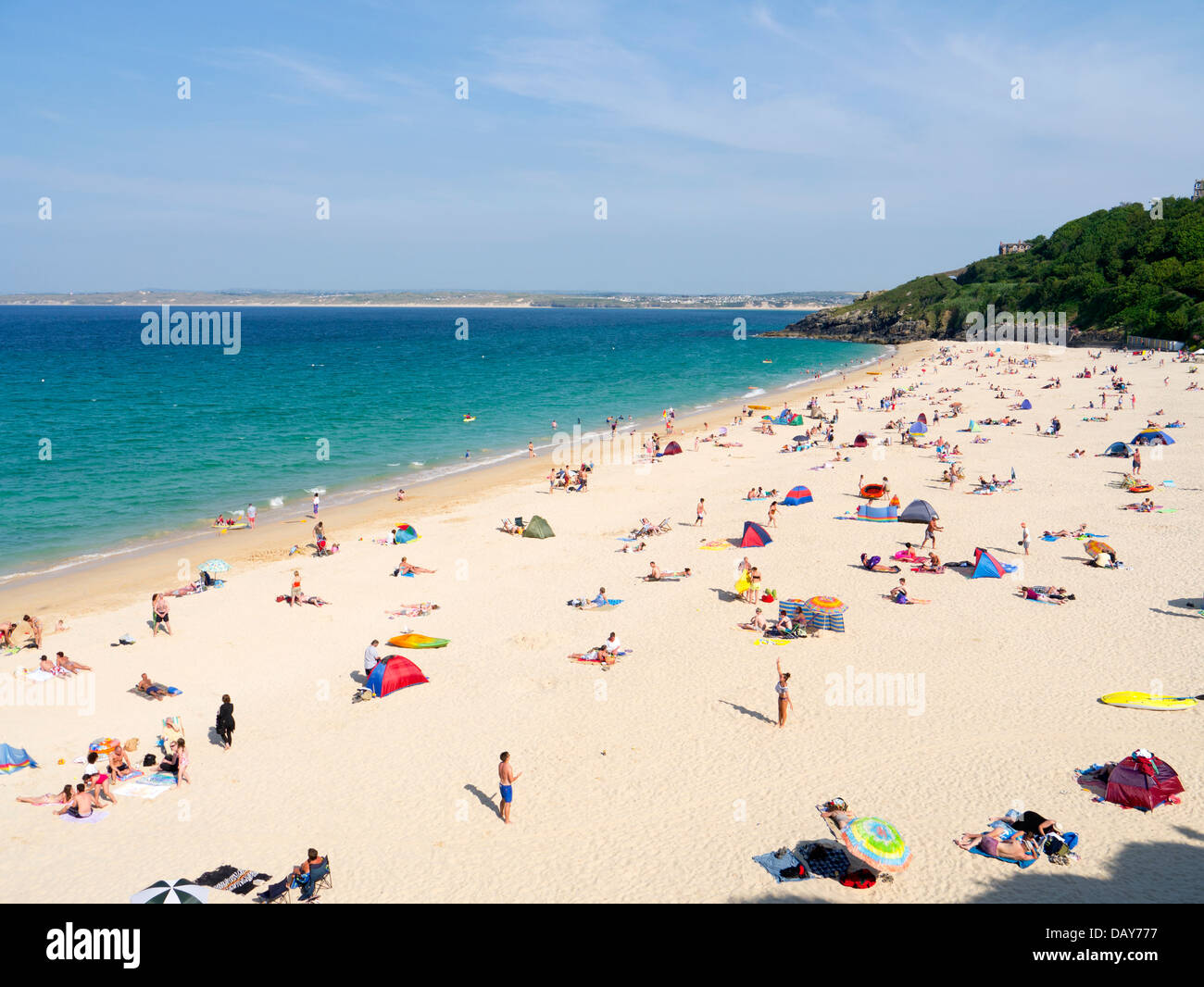 Porthminster Beach in St. Ives, Cornwall England.  Popular Cornish sandy beach on a summers day. Stock Photo