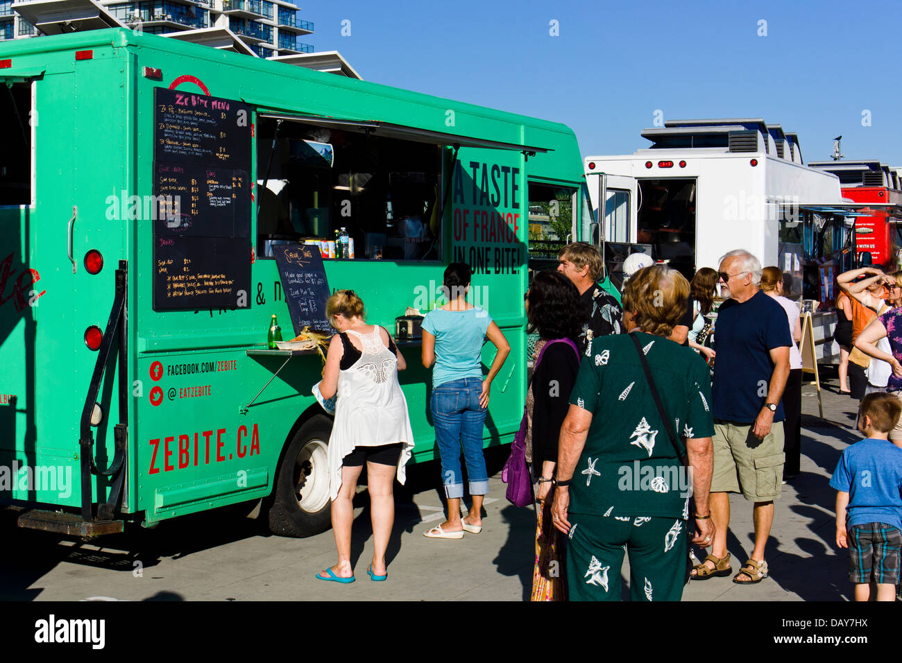 Food trucks at Friday Night Market in North Vancouver, BC, Canada Stock
