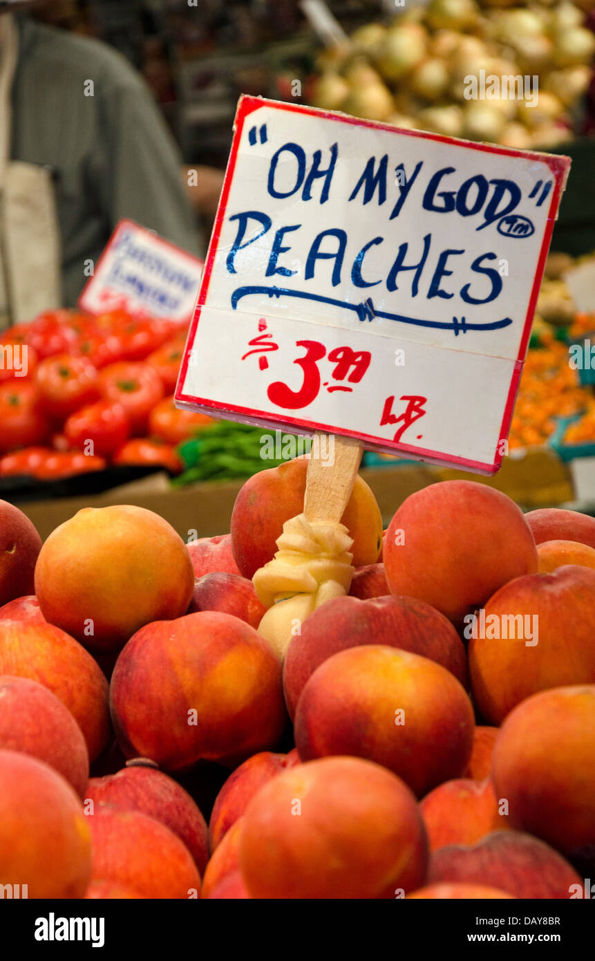 Peaches at Pike Street market, Seattle WA USA Stock Photo Alamy