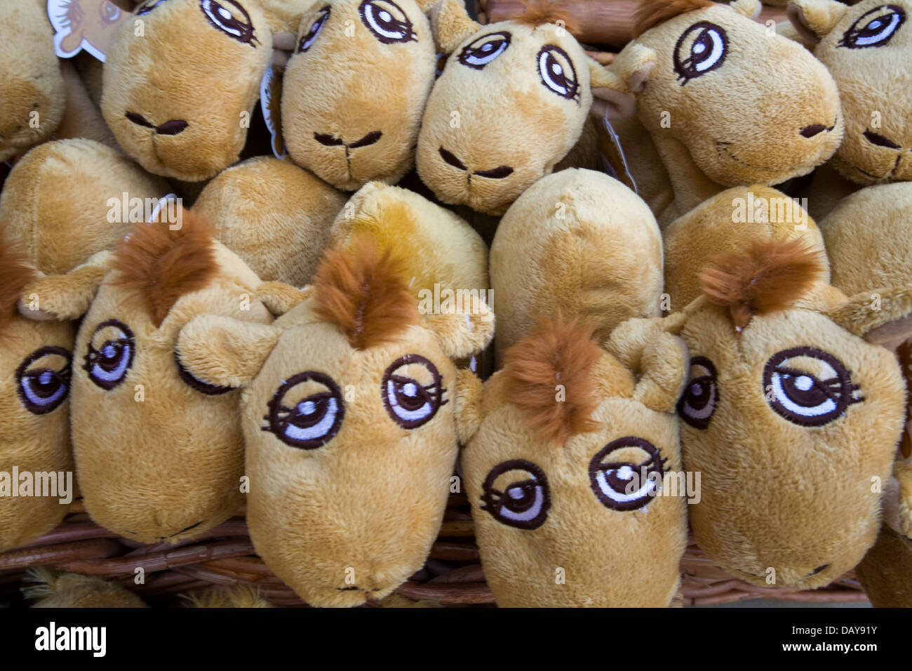 Stuffed baby camels beg for buyers at Souq Madinat Jumeirah, Dubai, United Arab Emirates Stock Photo
