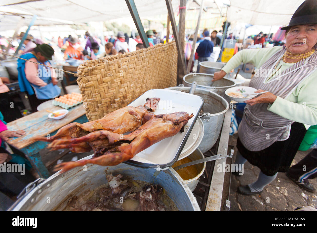 Guinea pig or Cuy are prepared to eat at the colorful weekly market in Zimbahua, Stock Photo