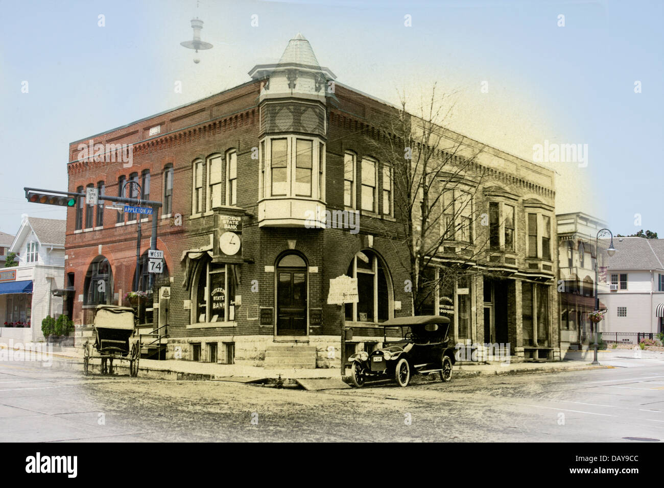 Composite image of the Bank of Memories Flower shop and the old image of the Citizens State Bank in early 1900s Menomonee Falls Stock Photo
