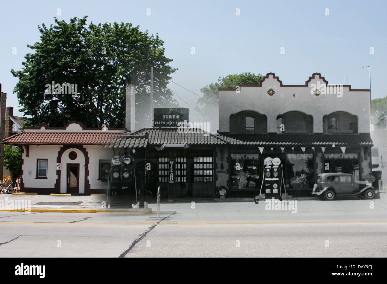 Composite image of a 1930s historical gas station over a present day commerical shops Griddlers Cafe in Menomonee Falls WI Stock Photo