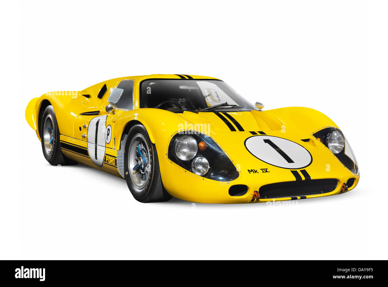 Yellow 1967 Ford GT 40 MK IV isolated on white background with clipping path Stock Photo