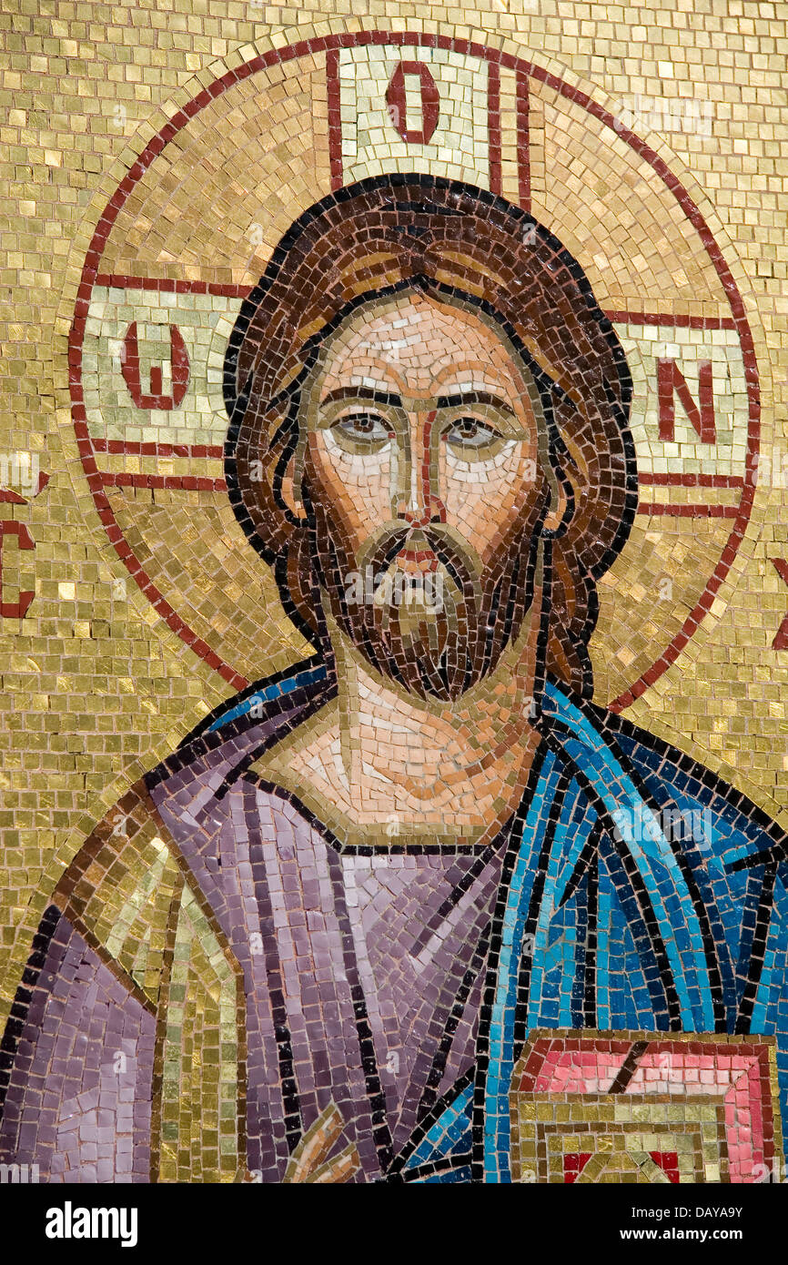 A tile mosaic of Jesus Christ adorns the outside walls of a church in Cyprus Stock Photo